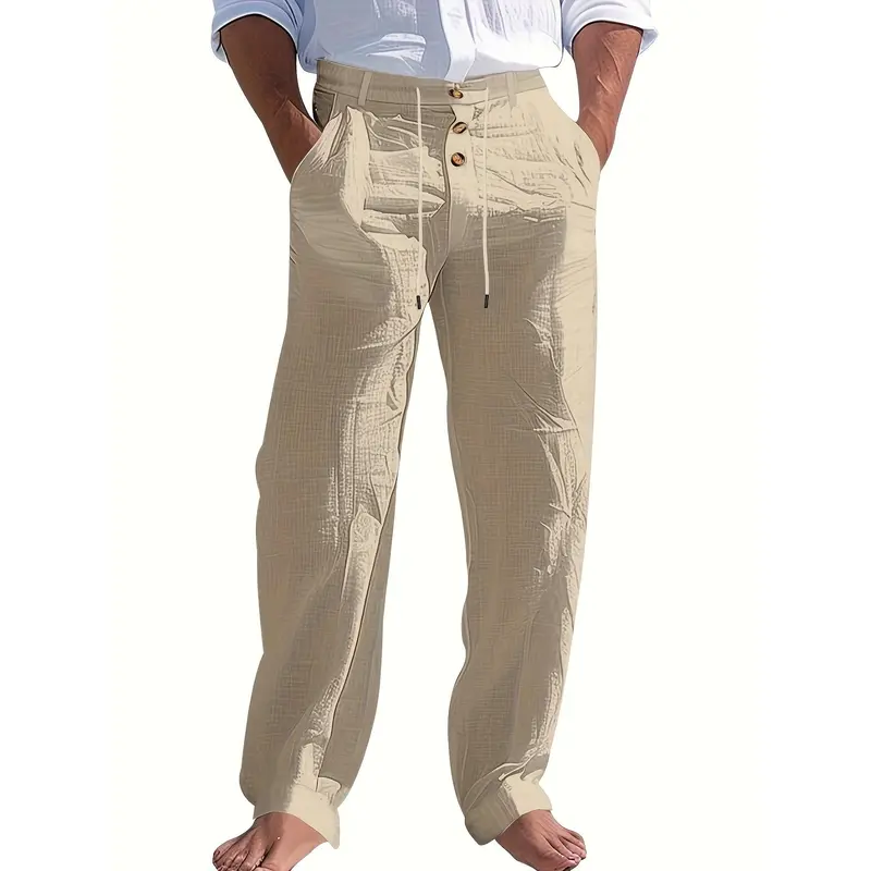 Men's Lightweight Linen Beach Pants -, Straight Leg, Solid with Drawstring Waist & Button Details for Spring/Summer Casual Wear, Outdoor Leisurewear |   Comfortable Leisurewear 8