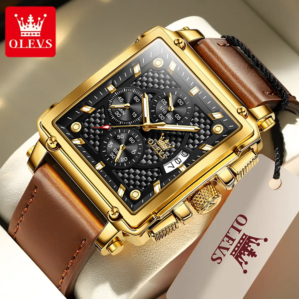 OLEVS - Đồng Hồ Thể Thao Thạch Anh Cho Nam, Bao Bì Tinh Tế + Bảo Hành 1 Năm, Không Thấm Nước, Dây Da, Đa Chức Năng, Sang Trọng, Hình Chữ Nhật, Phát Sáng