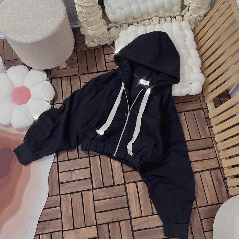 Áo khoác nỉ ngoại tay phồng dây to đen vải nỉ mềm mịn form 38-65kg mặc đẹp form lửng ngắn hoodie Zip Top Women Nữ Jacket