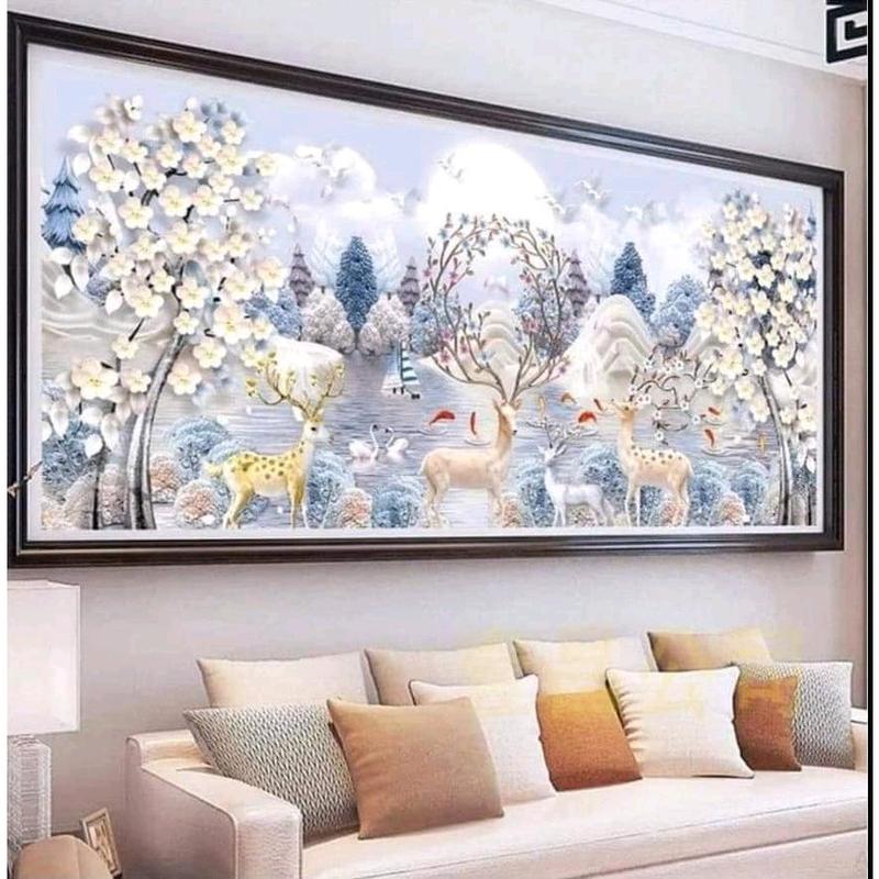 THÊU KÍN Tranh thêu chữ thập Hươu tài lộc MHH0874-179x75cm