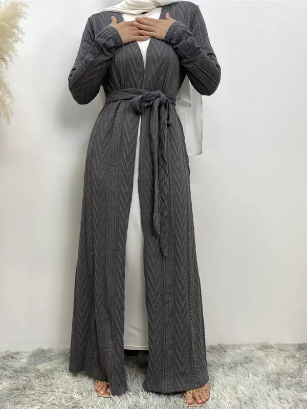 Women's Solid Long Sleeve Belted Abaya Without Hijab, Elegant Pocket Long Sleeve Open Front Outerwear, Fashion Muslim Clothing For Fall & Winter, Abaya Coat 5