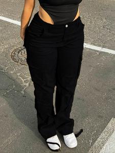 Women's Plain Low Waist Drawstring Cargo Pants, Street Fashion Casual Multi-Pocket Trousers for Daily Wear, Ladies Bottoms for All Seasons