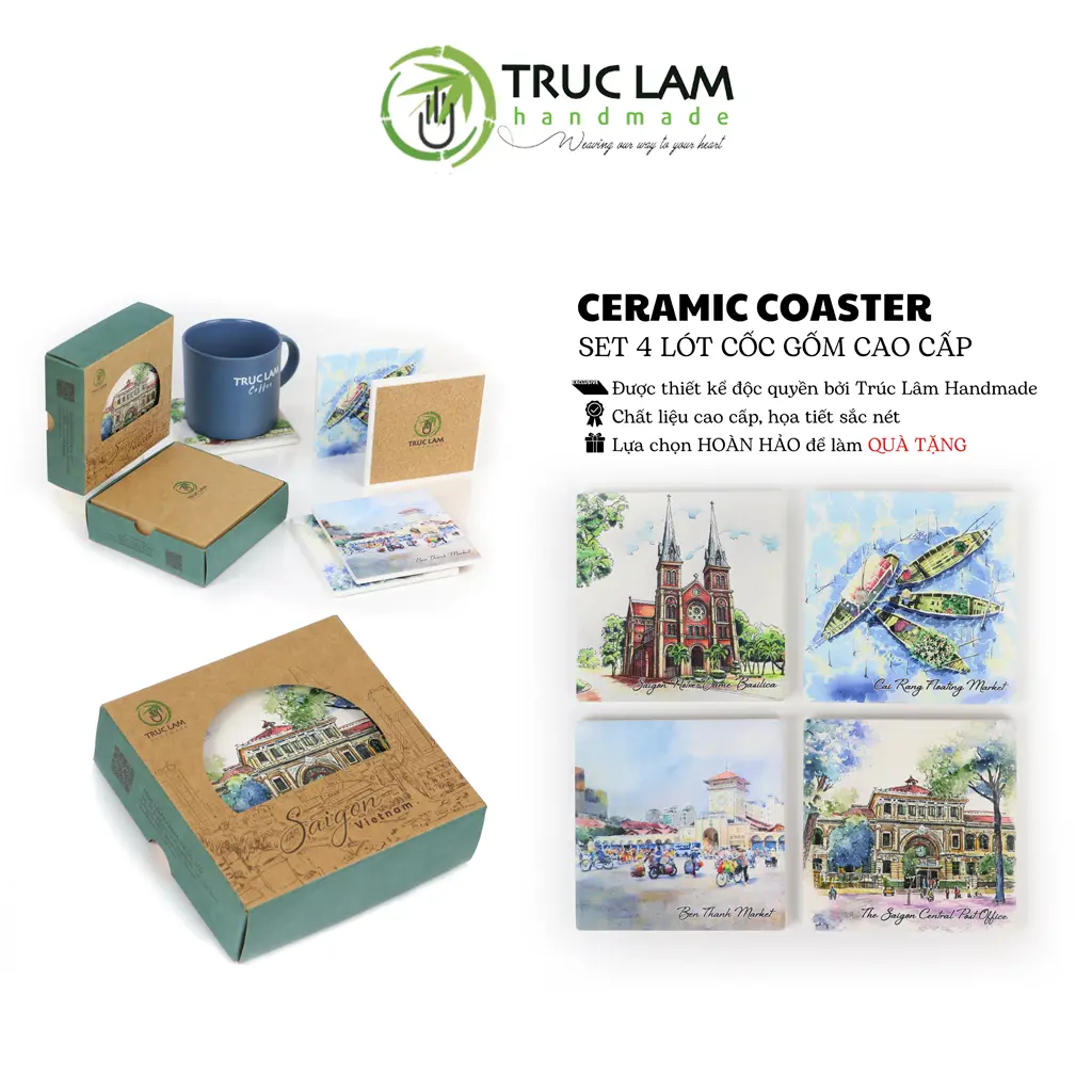 Bộ Lót Cốc Gốm Men Mờ 4 Chiếc Hình Vuông Siêu Thấm Nước Có Đế Gỗ Chống Trơn Trượt ASS180 Trúc Lâm Handmade
