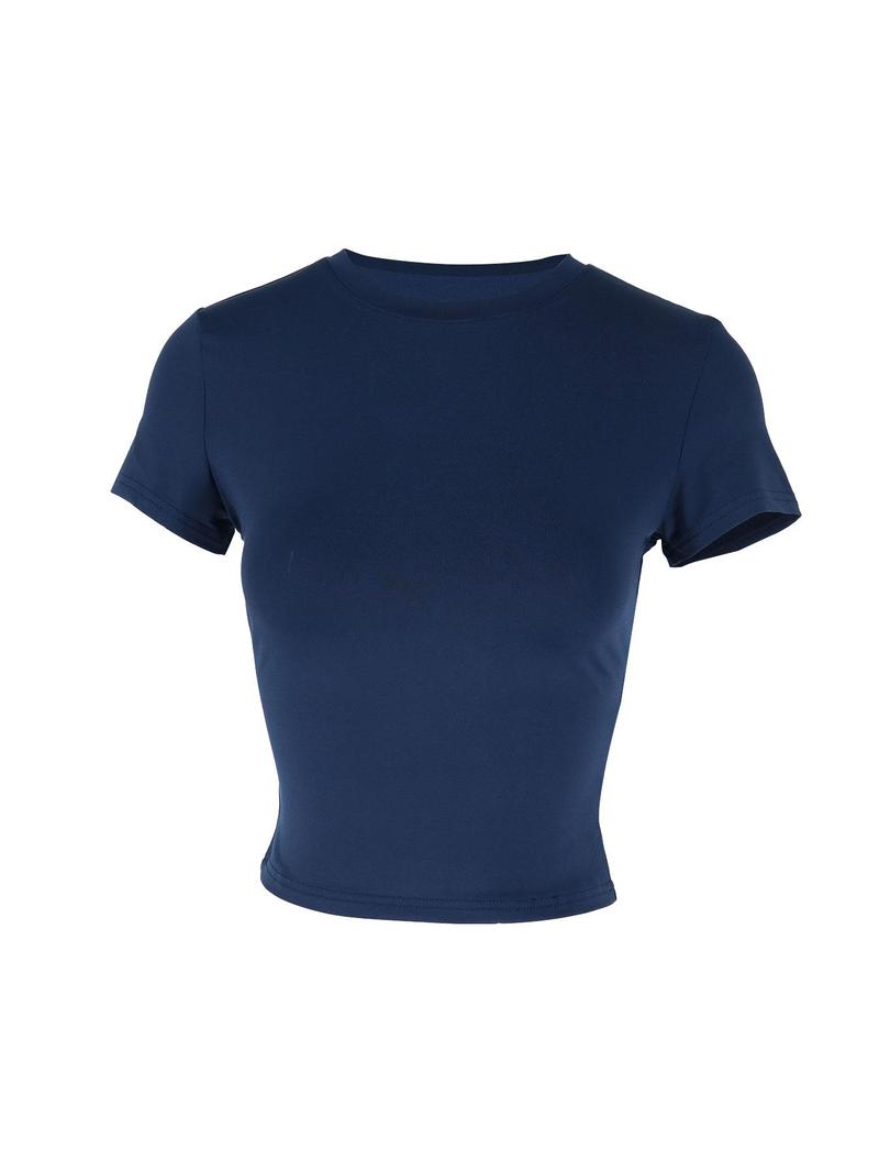 Product Introduction of Women's Plain Round Neck Crop Tee, Casual Short Sleeve Crew Neck T-shirt for Daily Wear, Ladies Clothes for All Seasons 5