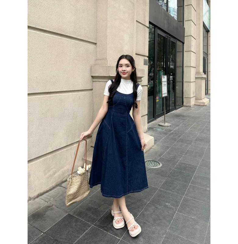 Váy jeans 2 dây 29feb.closet yếm bò thiết kế lưng chun dáng xòe dài phong cách Hàn Quốc dễ phối đồ năng động - V31 Nữ Women 4