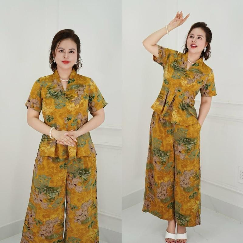 HCE MS30 Set Đồ bộ trung niên cách điệu cho mẹ áo có cổ quần ống rộng quần giả váy chất lụa nhập Nữ Top Women Ong Sen