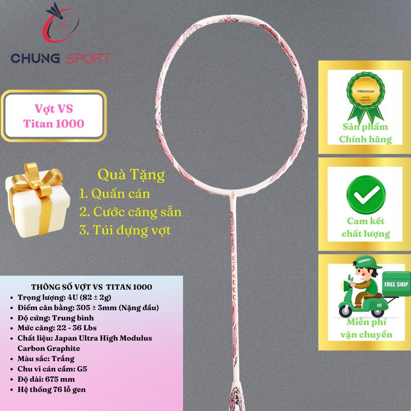 Vợt cầu lông VS Titan 1000 trắng hồng chính hãng căng max 36 lbs có căng cước sẵn theo yêu cầu tặng kèm quấn cán và túi đựng vợt