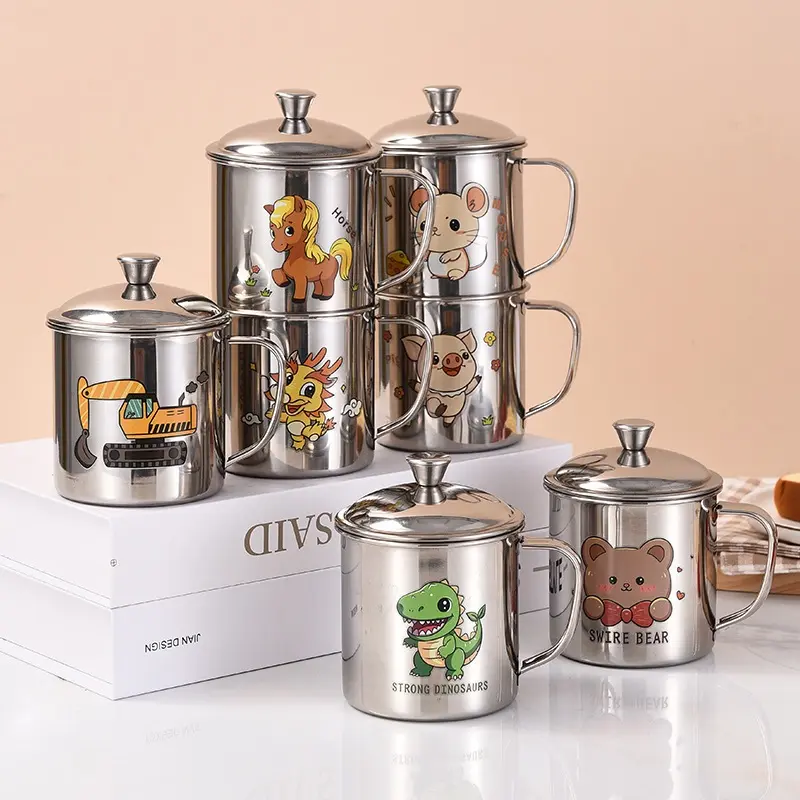 Cốc Miệng Trẻ Em, Thép Không Gỉ 304, Có Nắp, Cốc Uống Nước, Bình Trà, Dày Dặn, Thích Hợp Cho Mẫu Giáo, Chống Sốc, Cốc Gia Đình, Có Tay Cầm