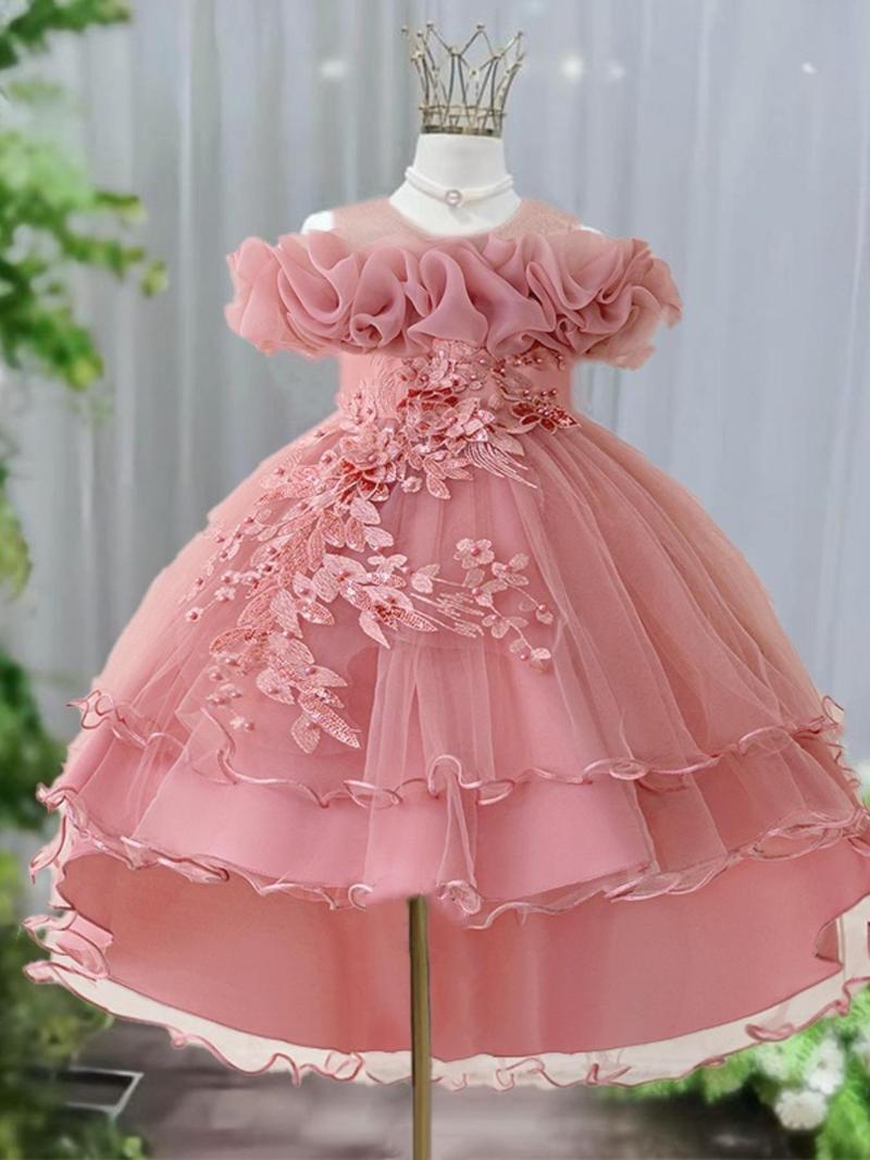 Product Introduction of Girl's Floral Embroidery Sequin Decor Tulle Dress, Elegant Cold Shoulder A Line Dress for Party Performance Wedding Guest, Kids Clothes for Summer 4