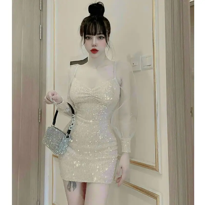 Đầm kim sa phối tay lưới thời trang nữ dự tiệc chất kim sa cổ vuông có mút có lót tay dài váy ôm body Nhung Dress 3
