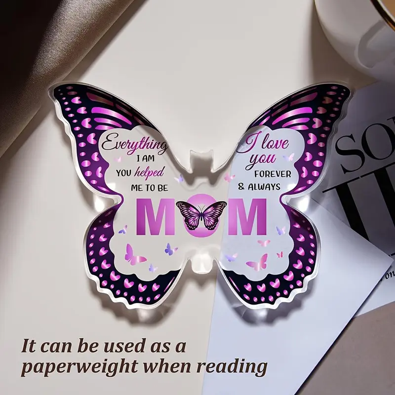 Butterfly Shaped Acrylic Ornament, Butterfly & Letter Pattern Decorative Plaque, Creative Gift for Mom, Desk Ornament for Home and Office 4