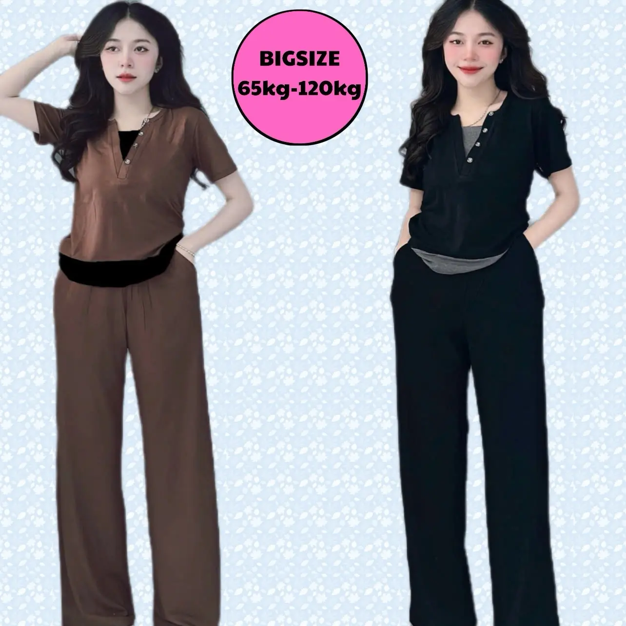 (Bigsize 65-120kg) Đồ bộ dài quần xuông rộng nữ 65-110kg ( hàng ceo cép) . Chất vải hịn hò. Đùi rộng . Đùi mặt mát . Bộ bigsize nữ . Bigsize 100kg áo set dothudong botieuthu