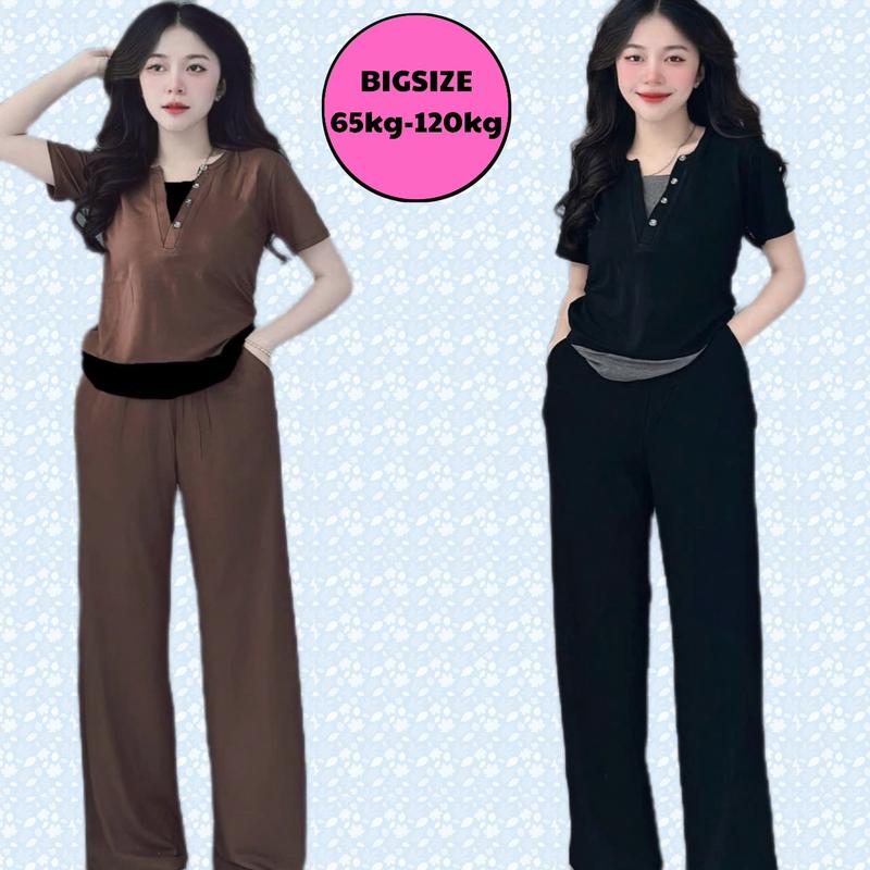 (Bigsize 65-120kg) Đồ bộ dài quần xuông rộng nữ 65-110kg ( hàng ceo cép) . Chất vải hịn hò. Đùi rộng . Đùi mặt mát . Bộ bigsize nữ . Bigsize 100kg áo set dothudong botieuthu