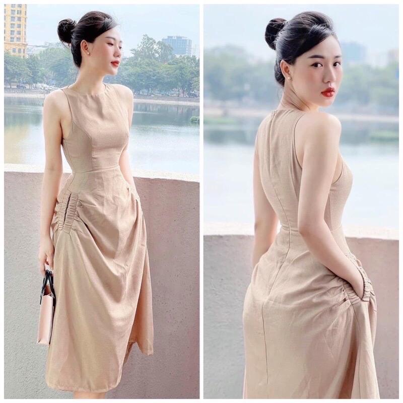 Đầm kem cổ tròn 2 túi