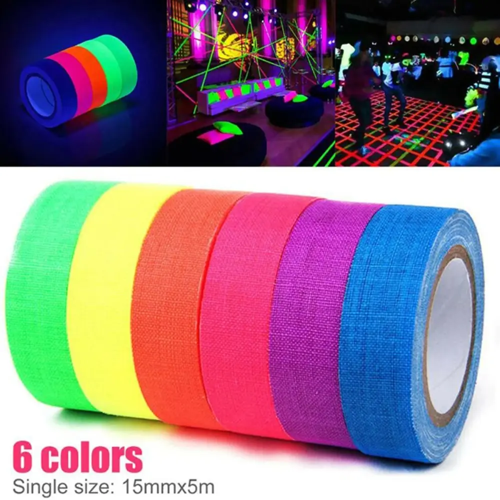6 Colors Neon Gaffer Cloth Tape Decoration Glow in The Dark 5Meter UV Reactive Tape Self-Adhesive Safety Warning Fluorescent Tape for Party