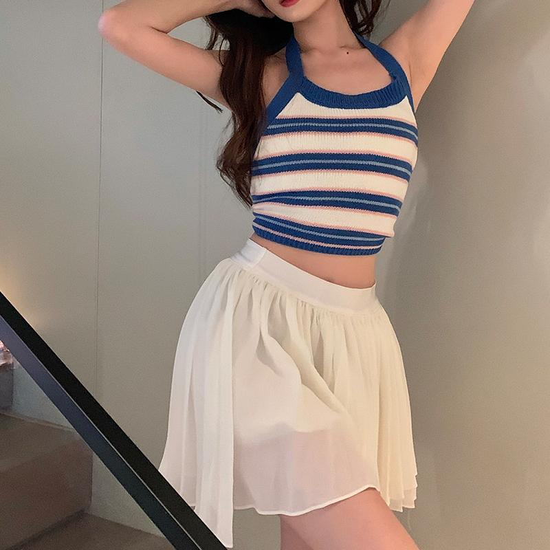 Women Sexy Backless Vest, Stripe Pattern Halter Neck Crop Tops 7