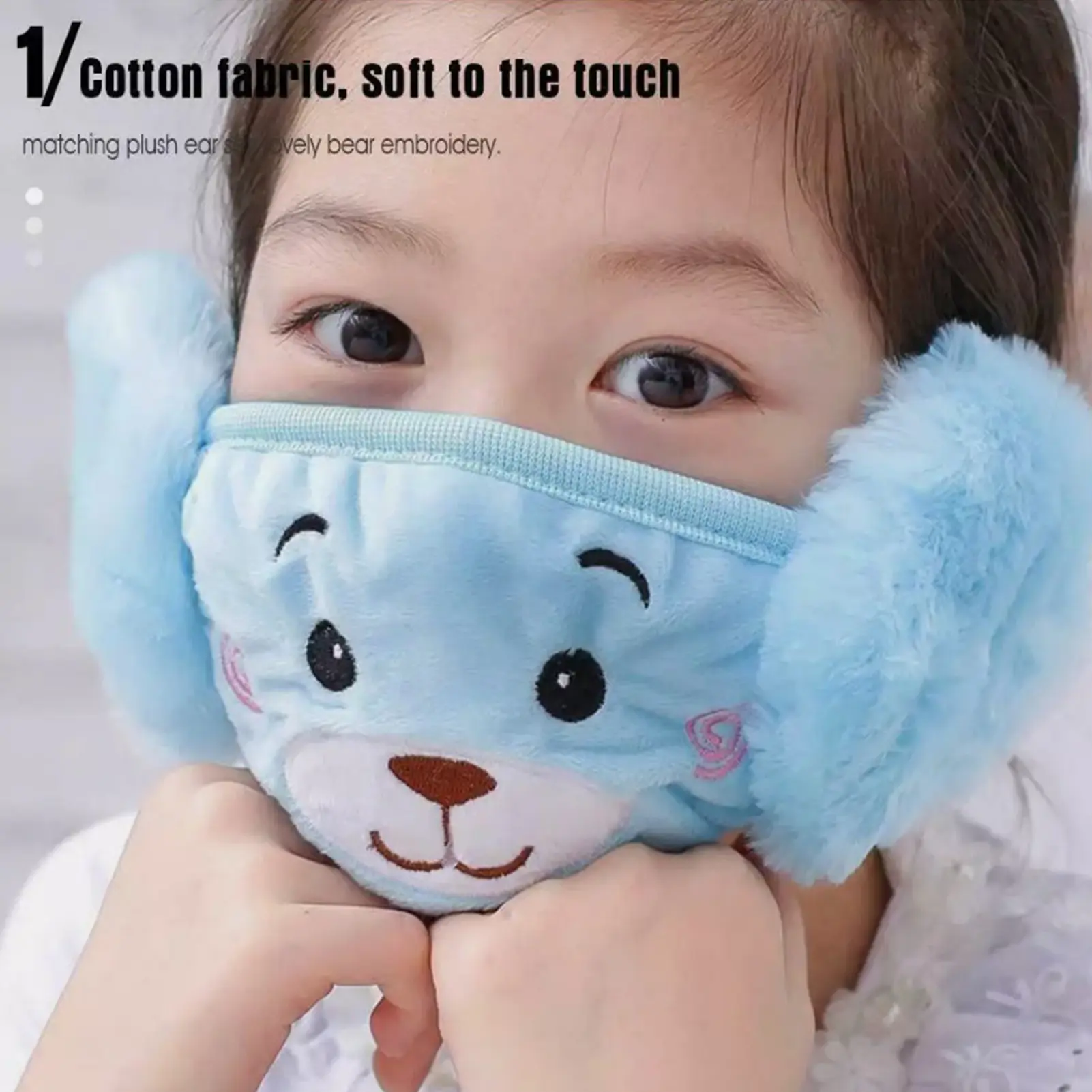 Kids Face Mask Warm Bear Washable Reusable 2 In 1 Mouth Cover & Earmuff Plush Ear Warmer Winter Warm Earmuffs Outdoor Cold Protection Ear-Muffs Ear Cover