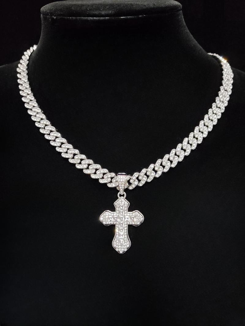Product Introduction of 2024 Trendy Rhinestone Cross Pendant Necklace for Men & Women,  Punk Style Cuban Link Chain Jewelry Gift for Daily Decoration, Classic Fashion Accessories for Party, Club 2