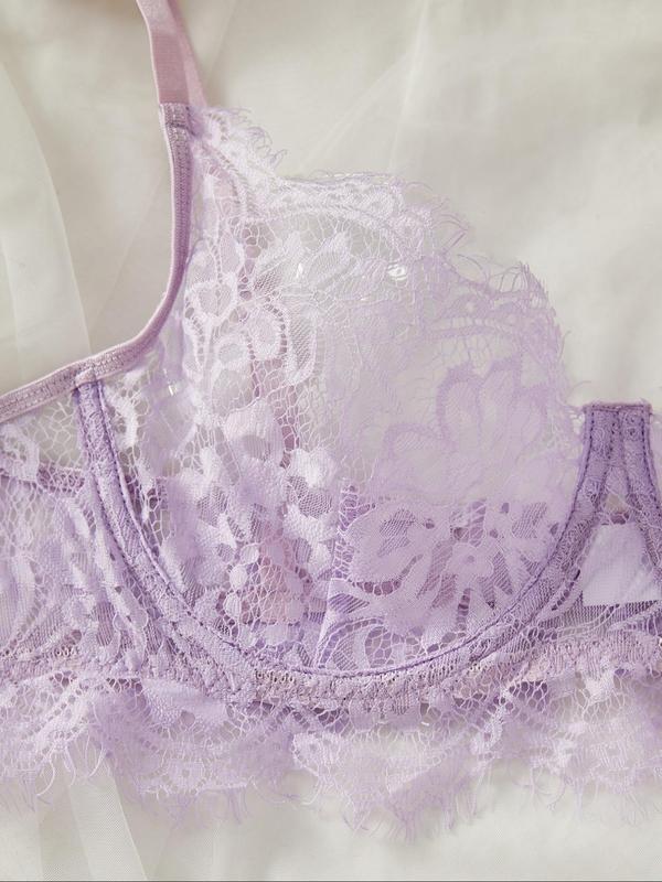 Plus Size Sheer Scallop Trim Sexy Lace Lingerie Set, Sexy Push Up Bra & Cut Out Thong Set, Women's Lingerie Set for All Seasons 3