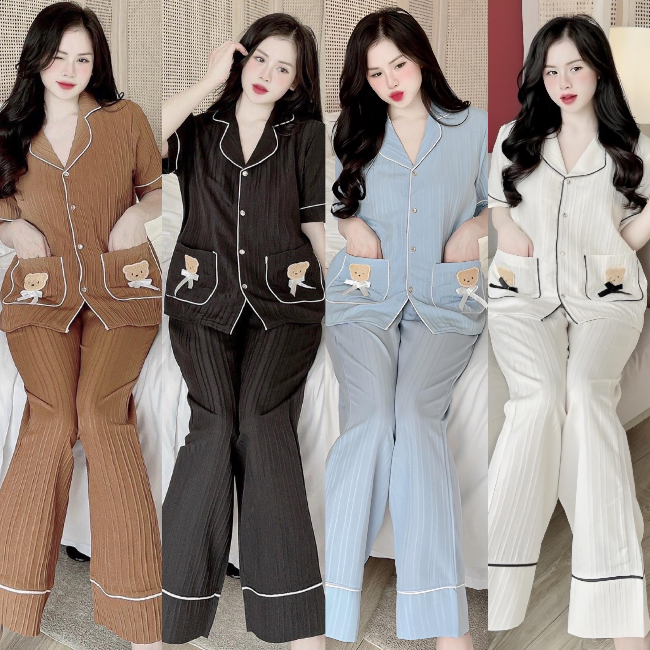 Đồ Bộ - Đồ Ngủ Tay Dài Cổ Sen 2 Túi Thêu Họa Tiết Pijama Bigsize 50-100kg Vải Đũi Xốp Nữ Women Quần Ngủ Áo Ngủ - A.5412