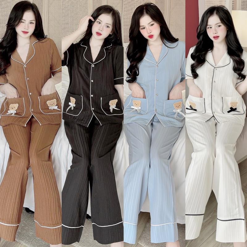  Đồ Bộ - Đồ Ngủ Tay Dài Cổ Sen 2 Túi Thêu Họa Tiết Pijama Bigsize 50-100kg Vải Đũi Xốp Nữ Women Quần Ngủ Áo Ngủ - A.5412 