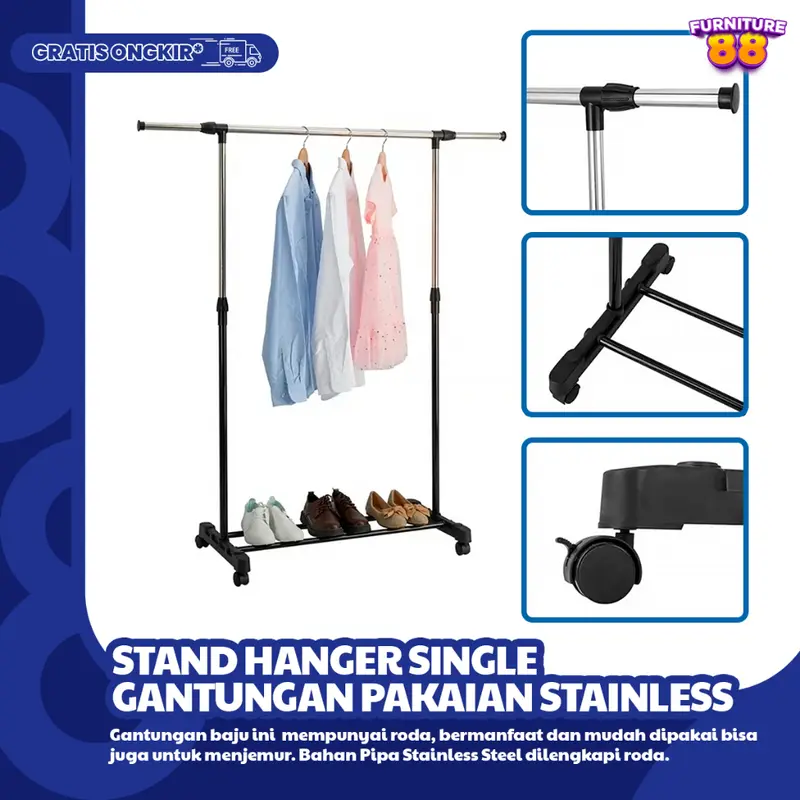 FURNITUR88 Stand Hanger Gantungan Baju Single Bahan Pipa Besi Stainless Dengan Roda Plastik ABS Untuk Gantungan Pakaian Handuk DLL COD 4
