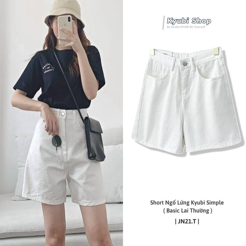 Quần sọt jean kaki ngố lửng nữ trắng phong cách Ulzzang form rộng Nhiều size - Quần Short Trắng Jean Kyubi JN21T