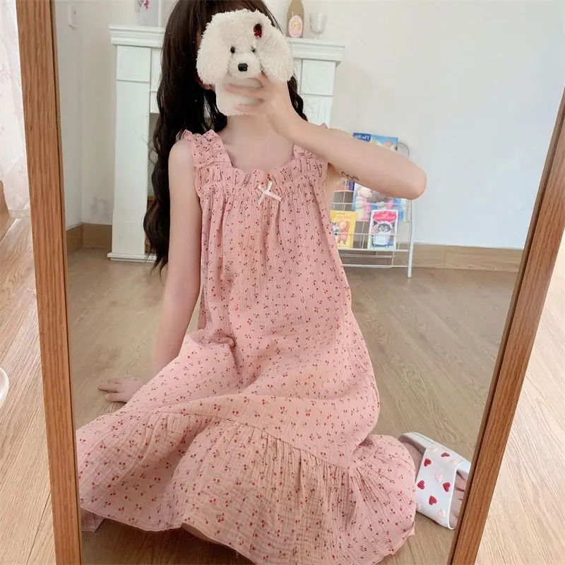 Váy ngủ đầm ngủ 2 dây bản to nhún bèo nữ tính mặc ở nhà dễ thương cho mùa xuân, mùa hè, mua thu vải thun lạnh thường dây đai có thể điều chỉnh