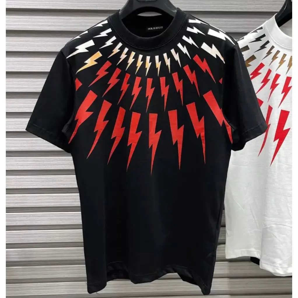 Áo Phông Nam Nữ In Hình Tia Sét Neil Barrett Đỏ Cam Trắng Quanh Cổ - Áo Thun Cổ Tròn Chất Polyester Cho Các Boy,Girl Phố Menswear Đen