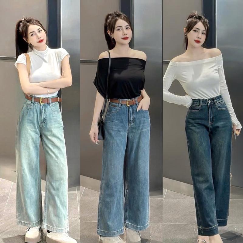 (S-2Xl )HHCHOU Quần Jeans Ống Suông Đứng Bản Lai To Chất Vải QC Mềm H332 Women Pants Kem