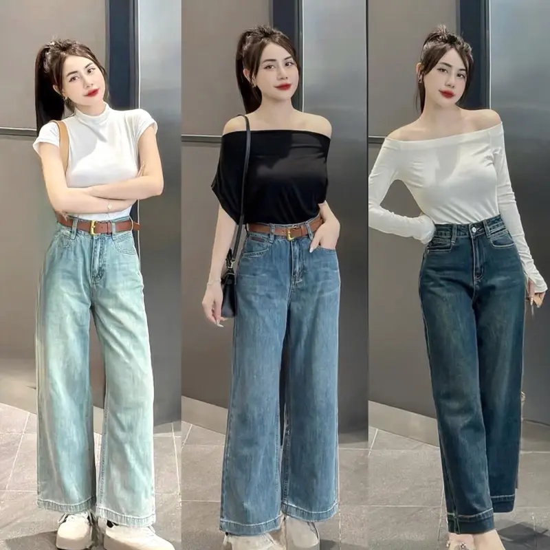(S-2Xl )HHCHOU Quần Jeans Ống Suông Đứng Bản Lai To Chất Vải QC Mềm H332 Women Pants Kem 0