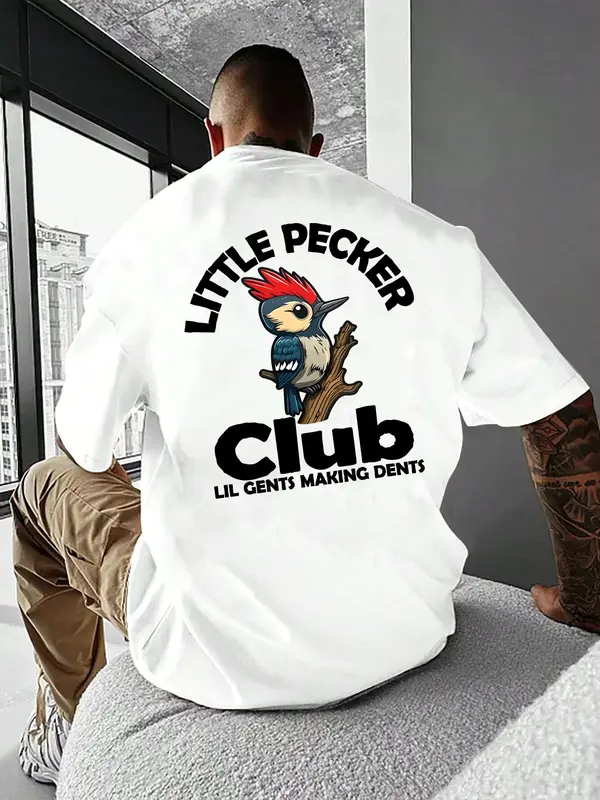 Unisex's Bird & Letter Print Drop Shoulder Tee, Regular Fit Casual Street Soft Comfy Crewneck Half Sleeve T-shirt for Daily Wear, Graphic Tees, Unisex's Top for Summer, Workwear for Men, Go Out Tops, Summer Clothes, Streetwear, Tshirt 1