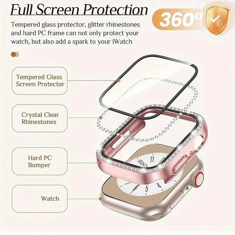 Streamlined Charms 2 - Piece Set Of Women's Shiny Diamond PC Watch Shells With HD Hardened Glass Screen Protectors. Compatible With Apple Watch 40 - 46mm Sizes And Series 10/9/SE/8/7/6/5/4, Offering Shockproof And Anti - Fall All - Round Protection 2