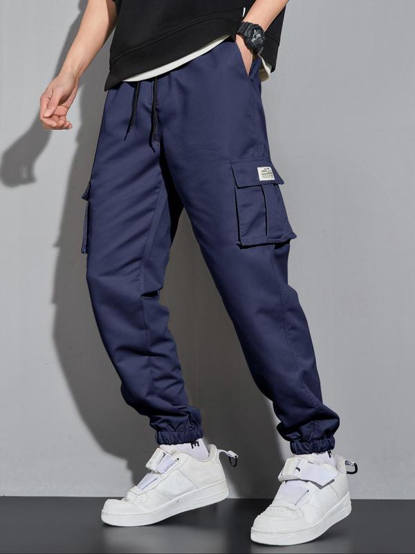 Men's Letter Patched Pocket Cargo Pants, Stylish Loose Drawstring Trousers, Drippy Outfits, Going Out Outfit, Menswear Clothing 5
