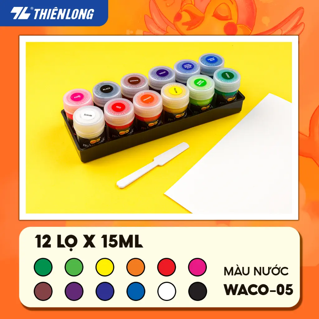 Màu nước Thiên Long Colokit 12 lọ 15ml, màu tươi sáng, an toàn sử dụng WACO-05
