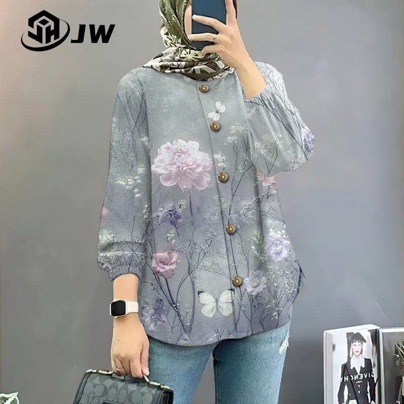 Product Introduction of Women's Muslim shirt elegant and colorful flower oversized loose long sleeved top, beautiful button style affordable and comfortable long sleeved shirt 27