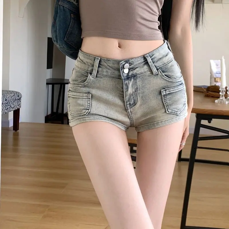 Quần Short Denim Cạp Thấp, Phong Cách Cô Gái Nóng Bỏng, Dành Cho Phụ Nữ, Dáng Ôm, Ôm Vừa Vặn Hông, Màu Sắc Nhẹ Cổ Điển Quần Ống Đứng, Thoáng Khí Và Thoải Mái, Thích Hợp Cho Mùa Hè 0