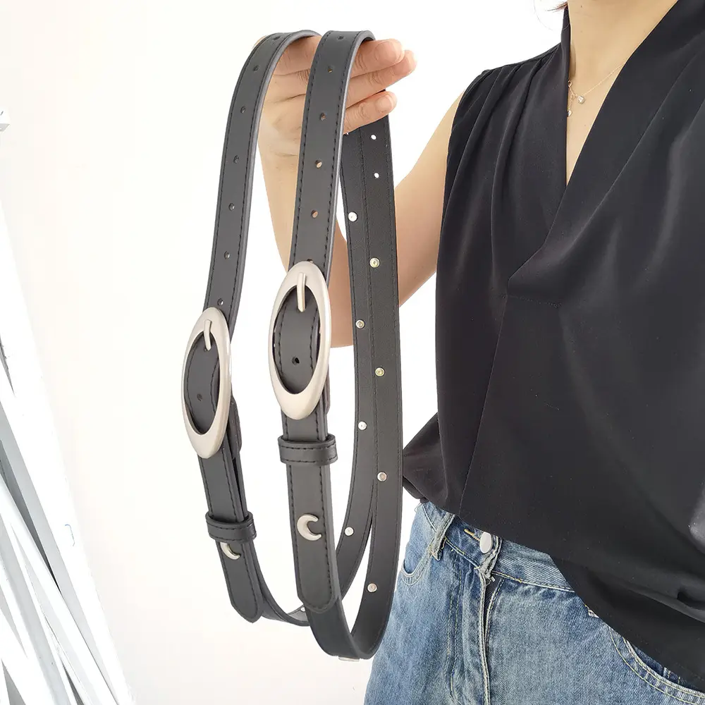 Faux Leather Belt with Minimalist Oval Buckle, Stylish Waistband for Jeans, Small Crescent Design. This exquisite belt features oval buckle design, perfect for jeans daily wear.