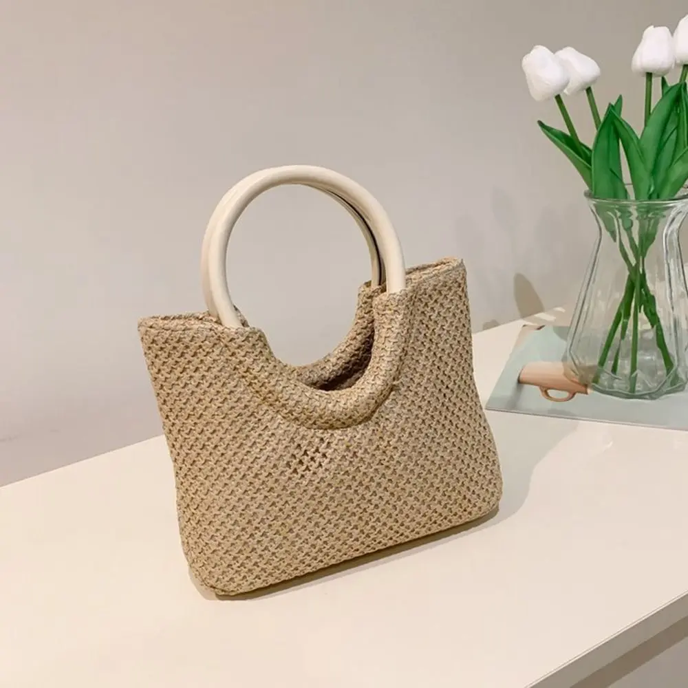 Casual Vintage Portable Tote Bag Large Capacity Weave Pu Leather Bohemian Straw Bag Beach Bag Shoulder Bag Women Handbag