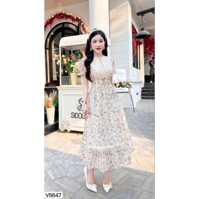 V5647 Đầm Thiết Kế Voan Tơ  Phối Hoạ Tiết Cổ Điển Phù Hợp Mặc Đi Làm, Đi Chơi,Đi Tiệc DVC