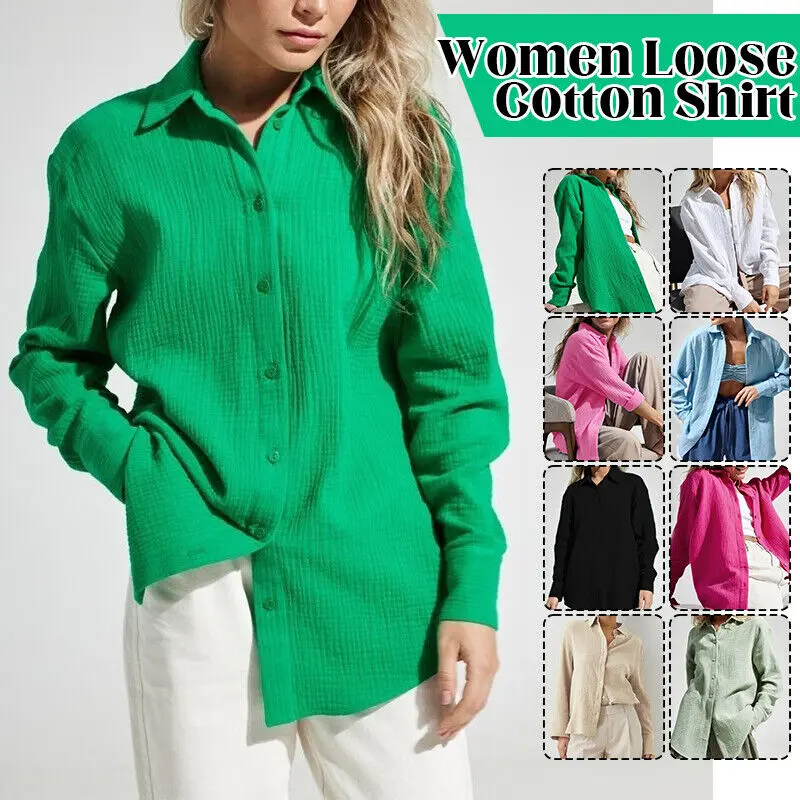 Womens Long Sleeve Cotton Crepe Shirts Loose Casual Solid Button Blouse Tops