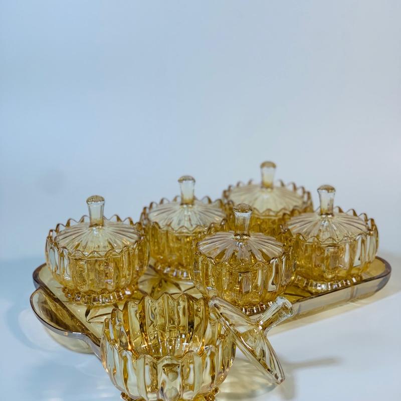 Bộ 6 thố mứt thuỷ tinh, hũ đựng bánh kẹo tết kèm đĩa thuỷ tinh chữ nhật