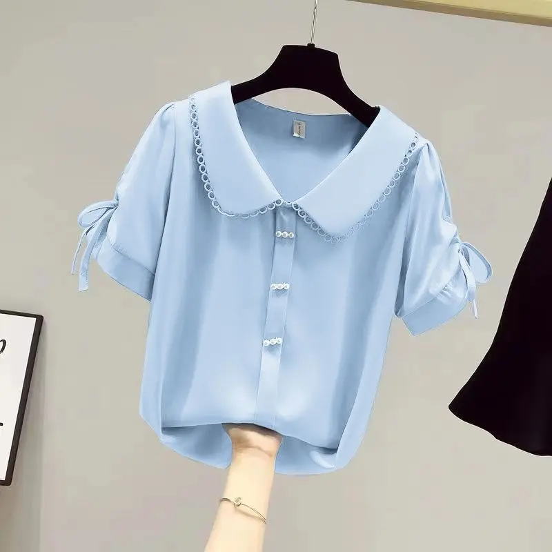 Doll Collar Short-Sleeved Shirt Summer Women's Belly Covering Large Size Western Style Age-Reducing Lace-up Top New Chiffon Shirt for Women