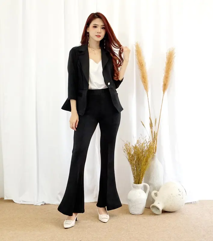 #083 , SET BLAZER POCKET CUTBRAY SCUBA PREMIUM Polos Setelan  Wanita Celana Panjang Atasan Dewasa Hitam Outer Kulot Bawahan 4