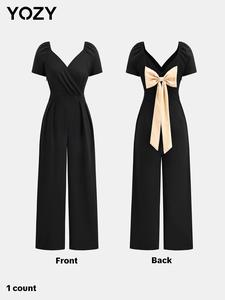 YOZY Women's Bow Back V Neck Wide Leg Jumpsuit, Casual Short Sleeve Jumpsuit for Summer, Women's Jumpsuit for Daily Wear