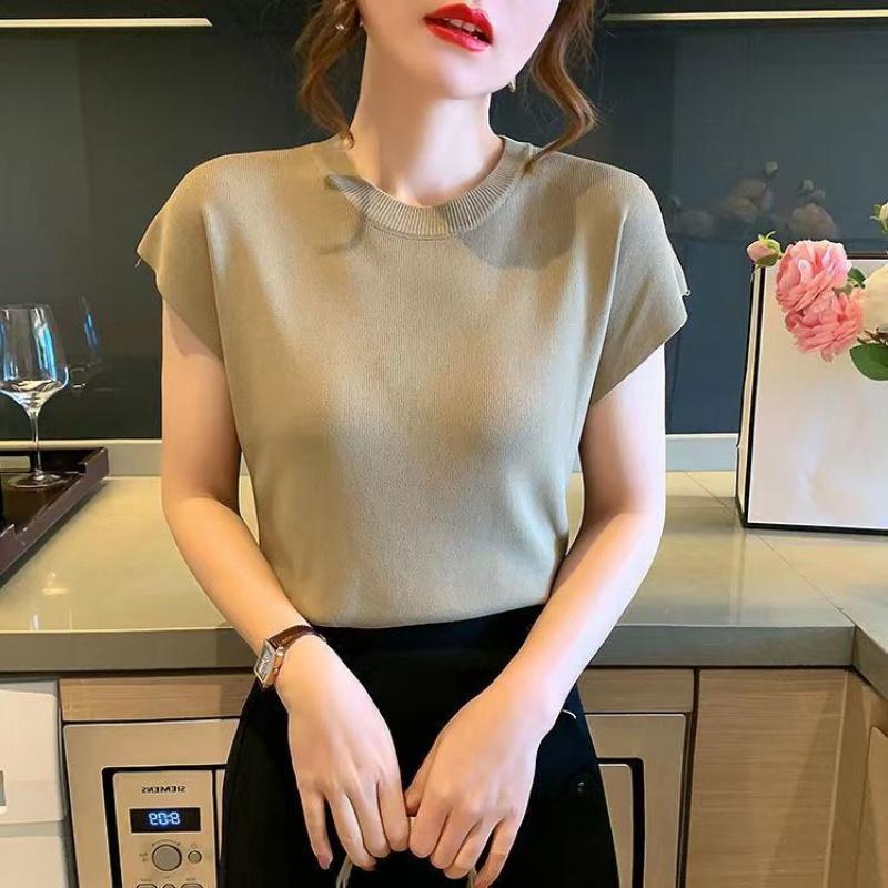 Áo ngắn Tay Cho Nữ, Phong Cách Hàn Quốc, Áo Len Mỏng, Cổ Tròn Nữ, Màu Trơn Dáng Rộng Vừa Vặn, Áo Thun Dệt Kim, Áo Sơ Mi Lụa Lạnh Mùa Hè, Trang Phục Nữ, Hàng Mới Về 2