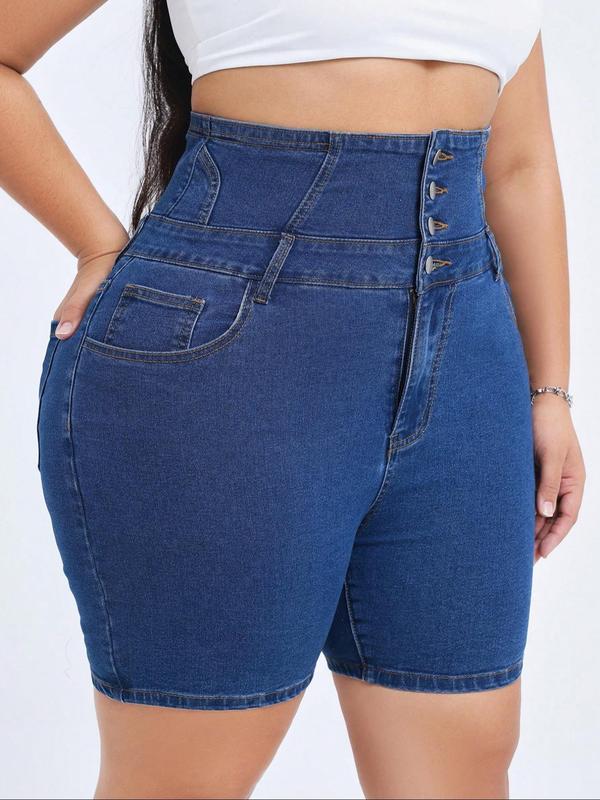 【Plus Size】Solid Color Denim Shorts, Casual Comfy Button Fly Skinny Shorts for Daily Wear, Women's Bottoms for All Seasons 1