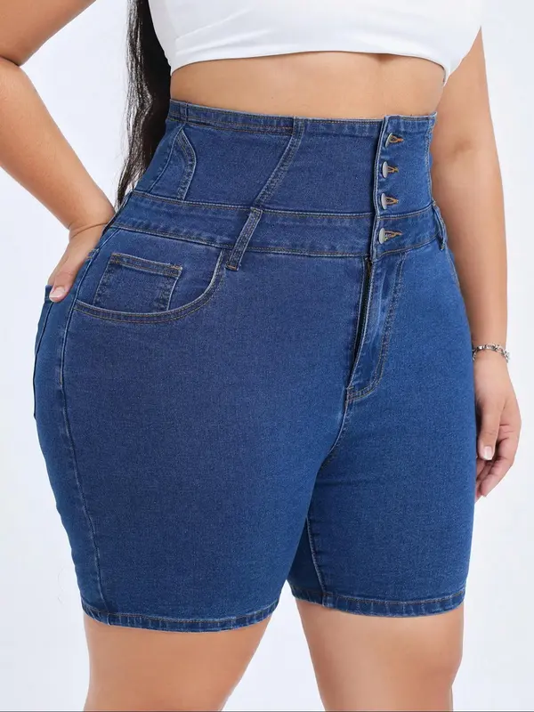 【Plus Size】Solid Color Denim Shorts, Casual Comfy Button Fly Skinny Shorts for Daily Wear, Women's Bottoms for All Seasons 1