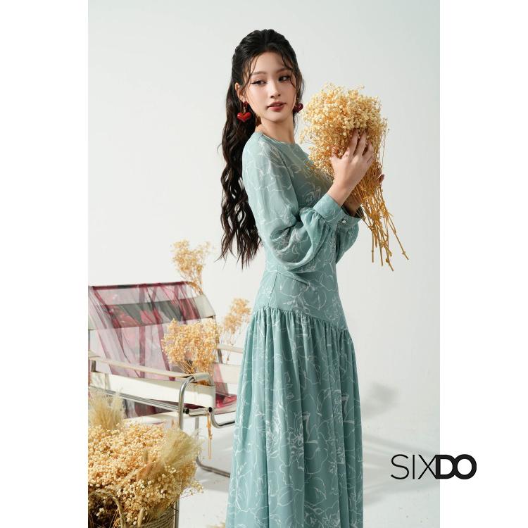 Đầm dài họa tiết cổ tròn dài tay SIXDO (Mint Floral Chiffon Flared Dress) 4