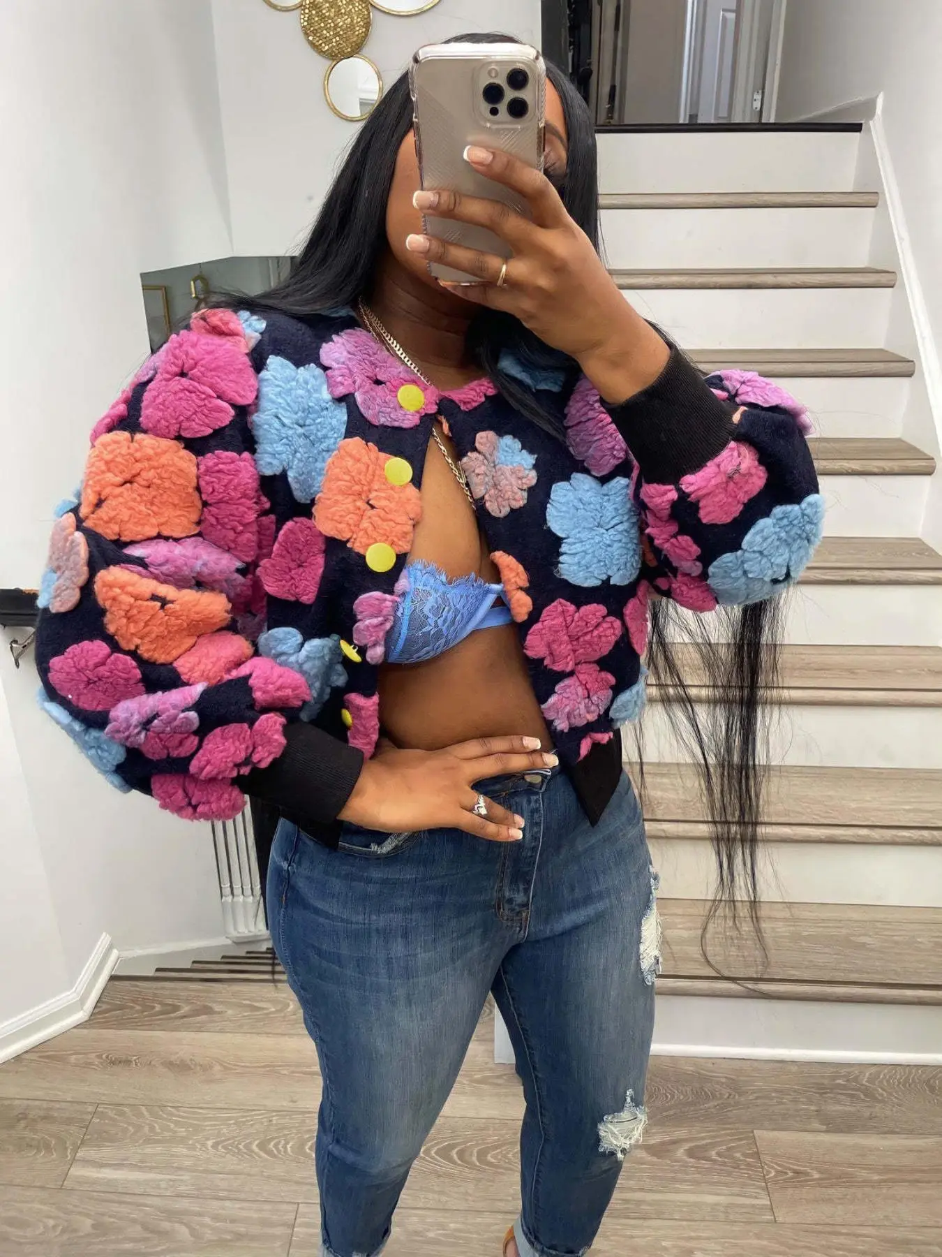 [Plus Size] Floral Print Button Front Crop Jacket, Casual Long Sleeve Open Front Outerwear for Fall & Winter, Women's Clothes for Daily Wear